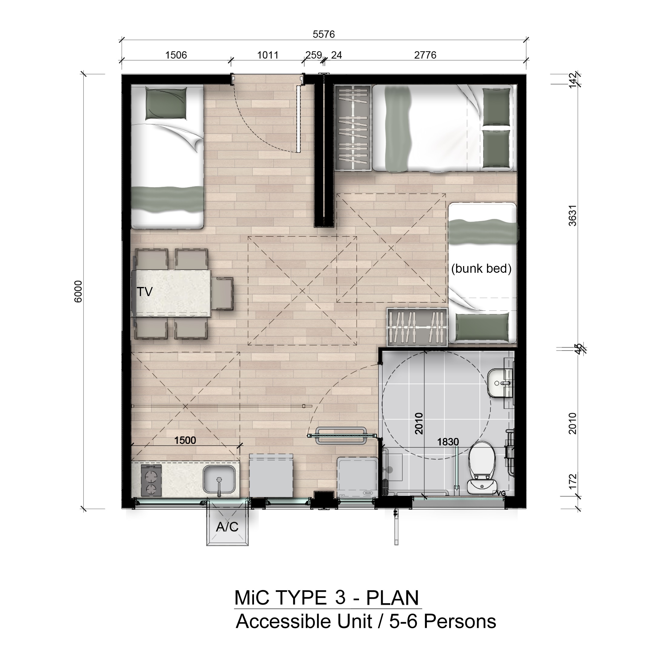 Layout of 5-6 person units or barrier-free units